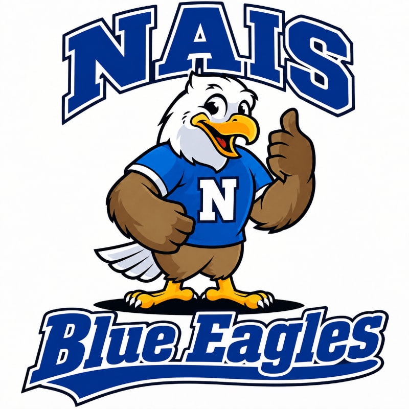A cartoon eagle wearing a blue shirt with an "N" on it gives a thumbs up in the foreground, with the words "NAIS Blue Eagles" arching above and below it against a white background.