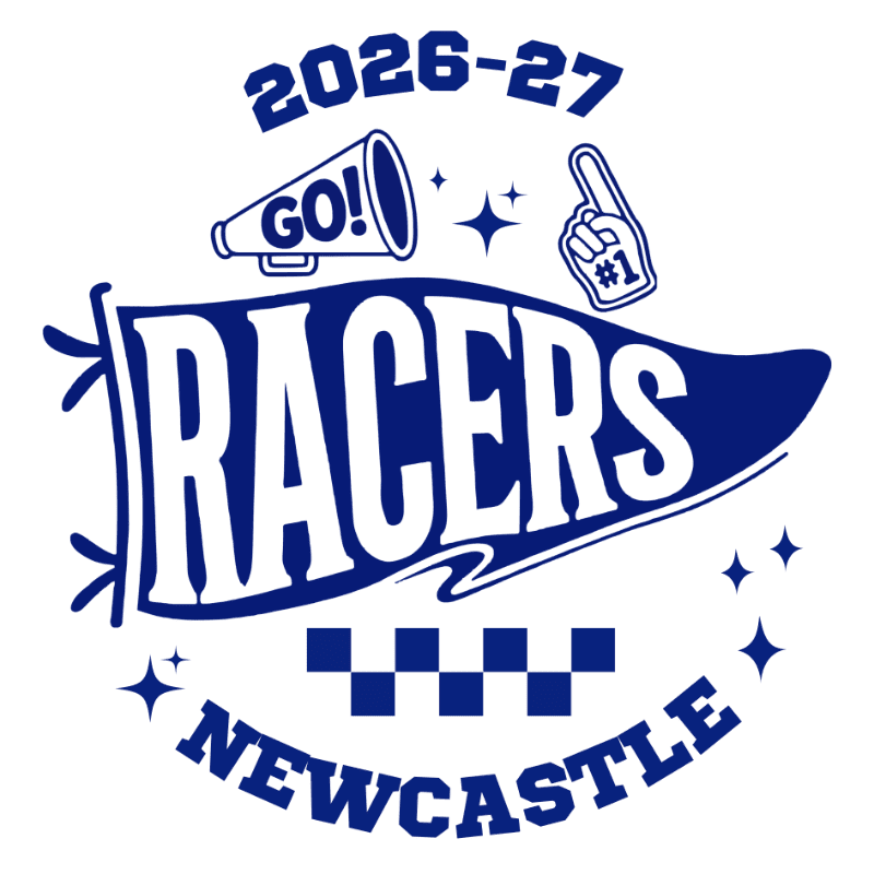 A blue and white graphic features the word "RACERS" on a pennant in the foreground, with a megaphone, a #1 foam finger, and a checkered flag pattern, all set against a white background with scattered stars and the text "2026-27 NEWCASTLE" above and below.