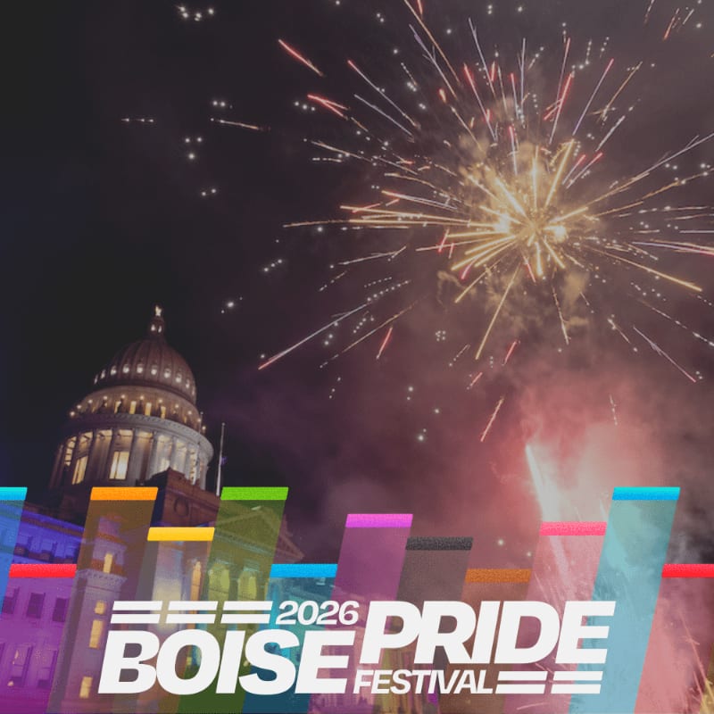 Fireworks explode over a domed building and city skyline, with the "Boise Pride Festival 2026" text superimposed in the foreground.