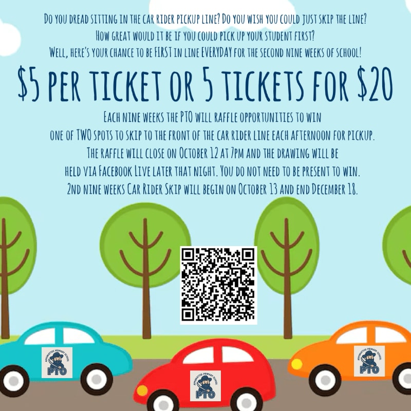 Three cartoon cars are lined up in front of stylized trees, with text above advertising a raffle to skip the car rider pickup line.