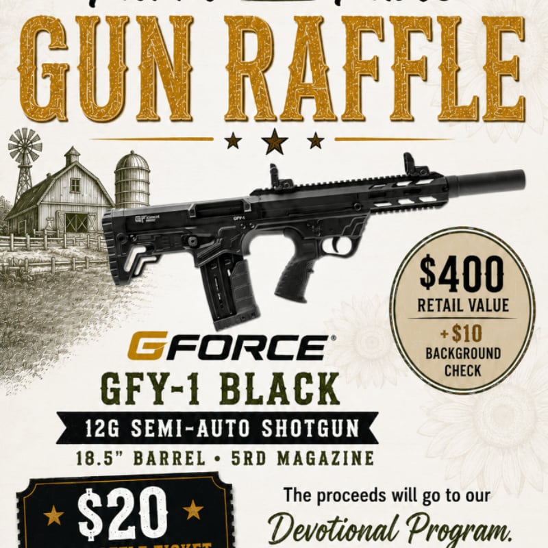 A black GFY-1 shotgun is prominently displayed in the foreground against a rustic farm background with a barn and windmill, advertising a gun raffle with details about the prize and proceeds.