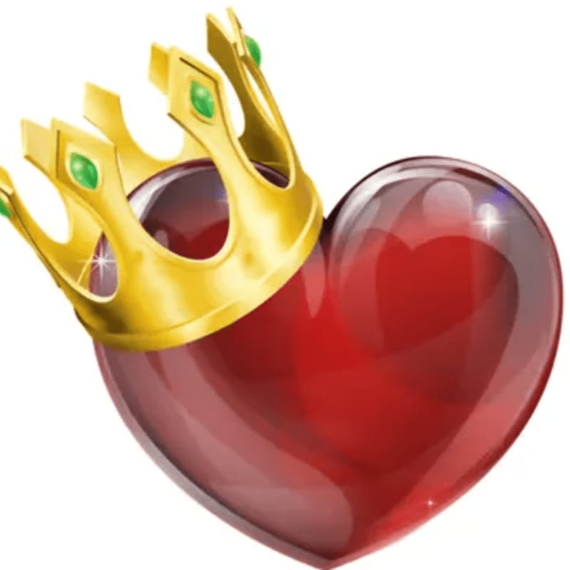 A glossy red heart adorned with a golden crown sits against a plain white background.