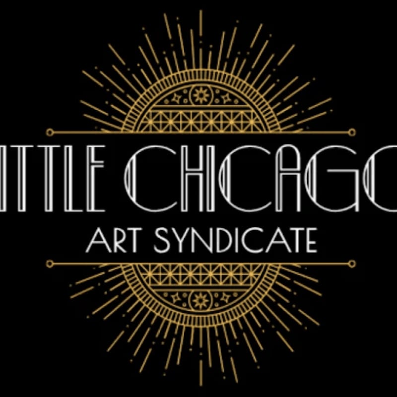 A black background frames a gold and white art deco logo for "LITTLE CHICAGO ART SYNDICATE" with radiating lines.