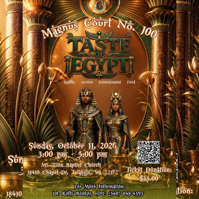 A regal Egyptian couple stands in the foreground against a backdrop of ornate columns and lush foliage, advertising a "Taste of Egypt" event with event details and a QR code.
