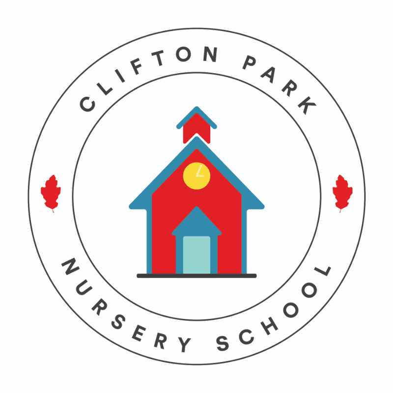 A red schoolhouse with a blue door and a clock on its roof is centered within a white circle, surrounded by the words "CLIFTON PARK NURSERY SCHOOL" and two red leaf icons.