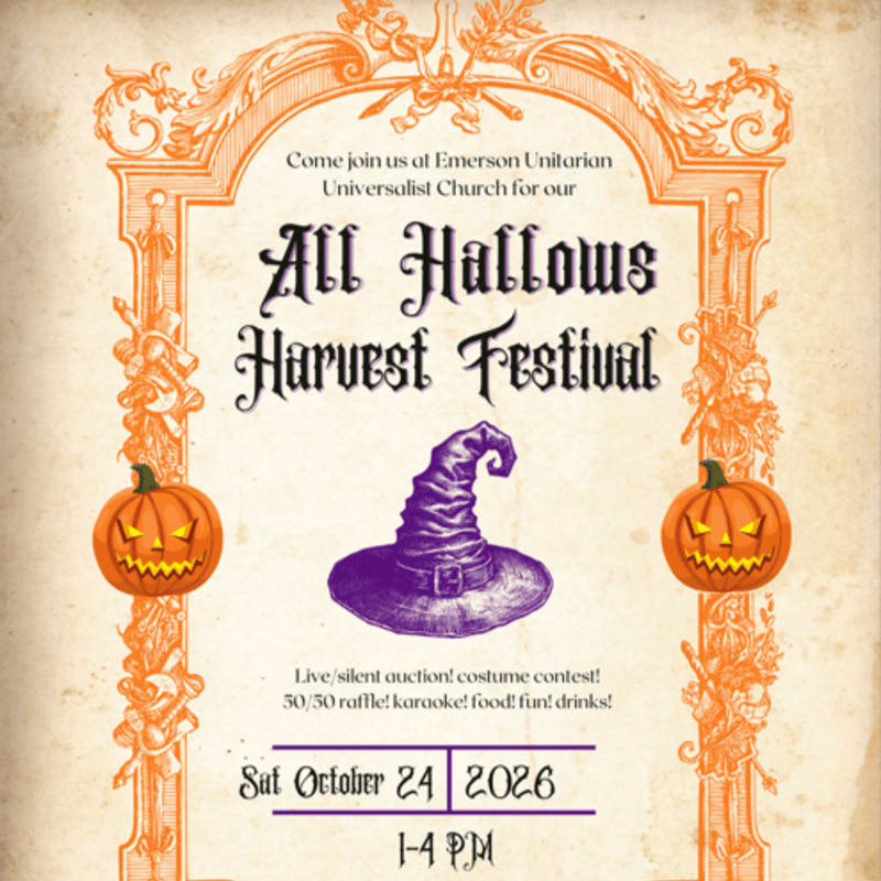 An ornate orange border frames a vintage-style poster advertising an "All Hallows Harvest Festival" with pumpkins and a witch's hat in the center, set against a textured parchment background.