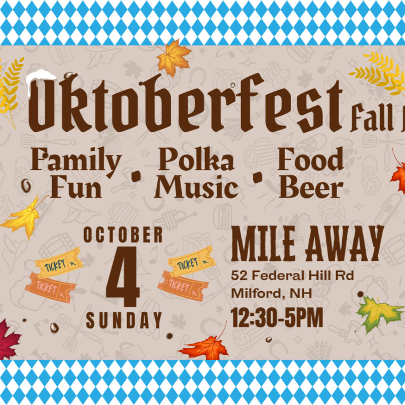 A festive Oktoberfest poster with autumn leaves and ticket graphics in the foreground, set against a light brown background with a blue and white diamond pattern border.