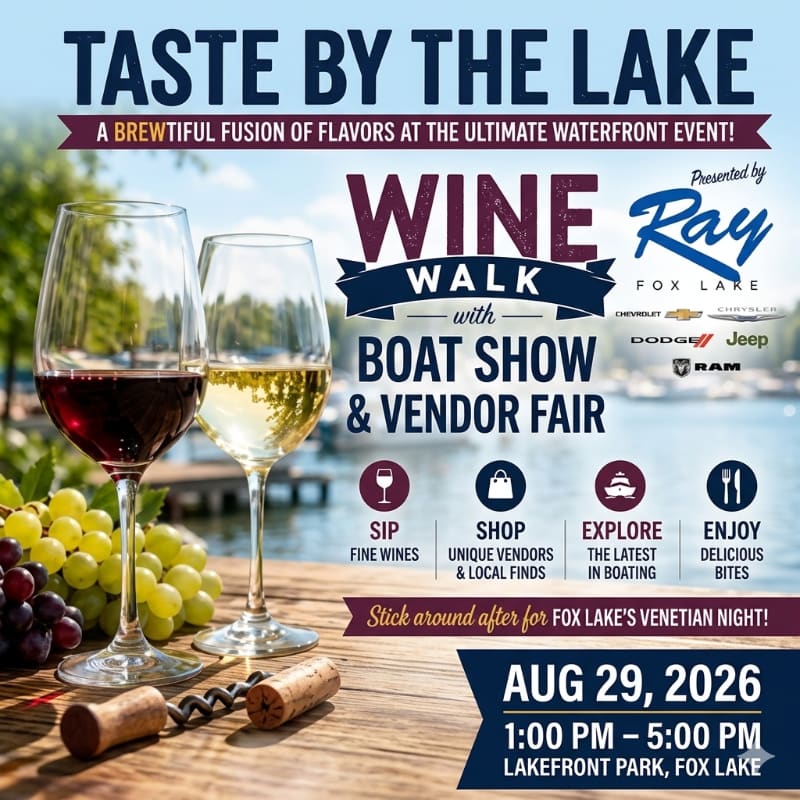 Two glasses of wine and grapes rest on a wooden surface in the foreground, with a waterfront event advertisement featuring a boat show and vendor fair in the background.