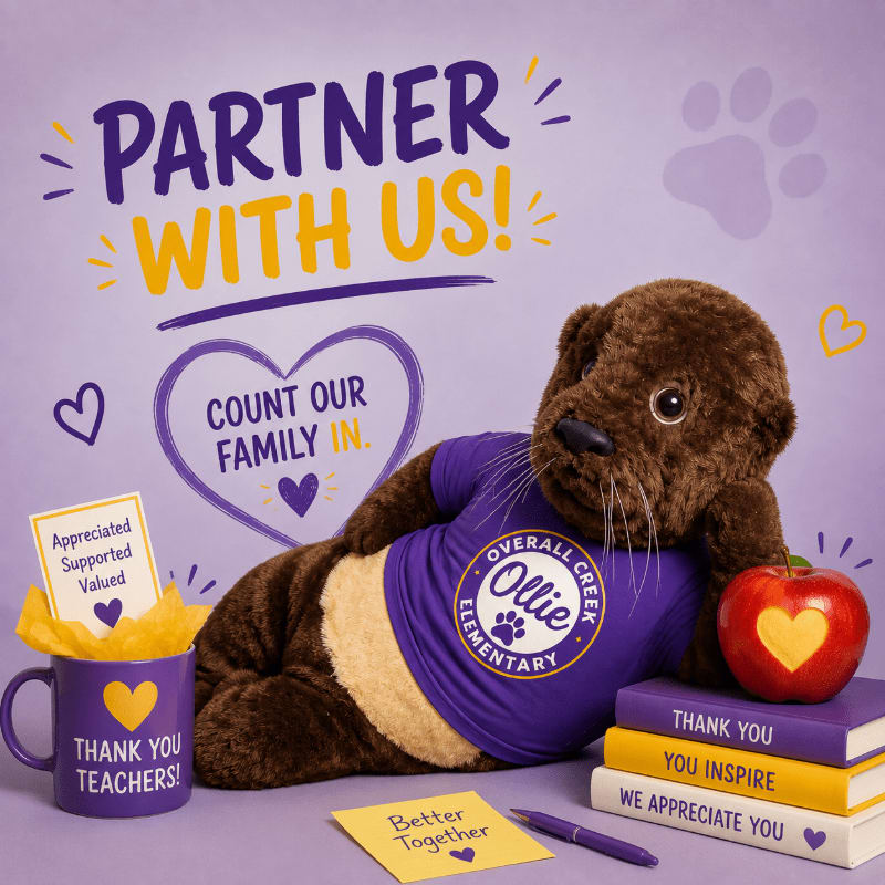 A stuffed otter wearing an "Overall Creek Elementary" shirt reclines on a stack of books next to an apple and a mug, with "PARTNER WITH US!" and "COUNT OUR FAMILY IN." text in the background.