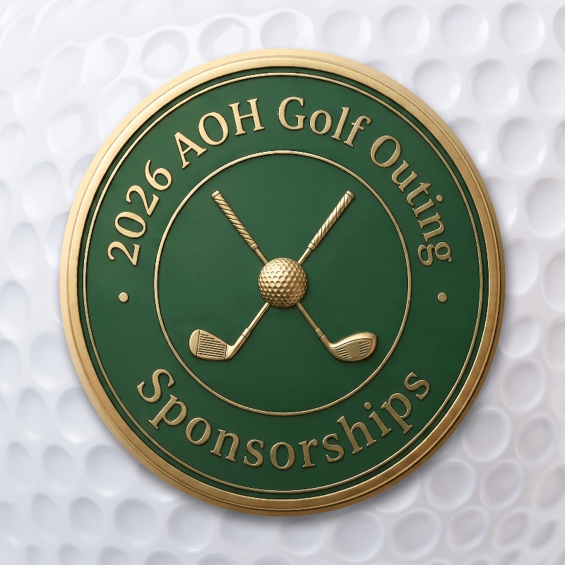A circular emblem for the 2026 AOH Golf Outing Sponsorships, featuring crossed golf clubs and a ball, is centered on a textured golf ball background.