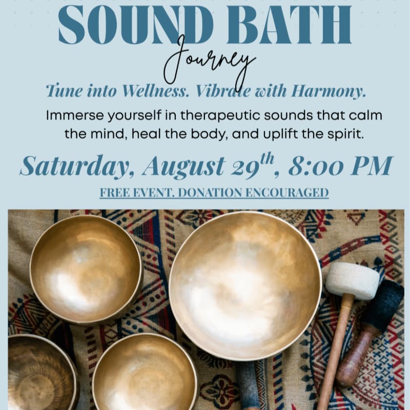 Tibetan singing bowls and mallets rest on a patterned cloth in the foreground, while text announces a "Sound Bath Journey" event in the background.