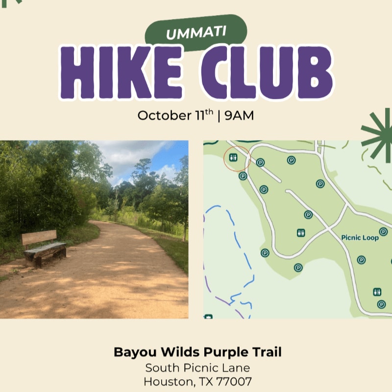 A wooden bench sits on a dirt path in a wooded area, next to a park map, advertising the UMMATI Hike Club event.