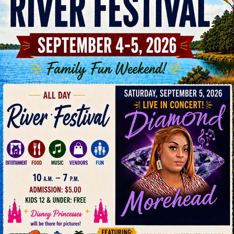 A flyer for the River Festival on September 4-5, 2026, features a woman named Diamond Morehead in concert, with icons for entertainment, food, music, vendors, and fun, set against a backdrop of a river and trees.