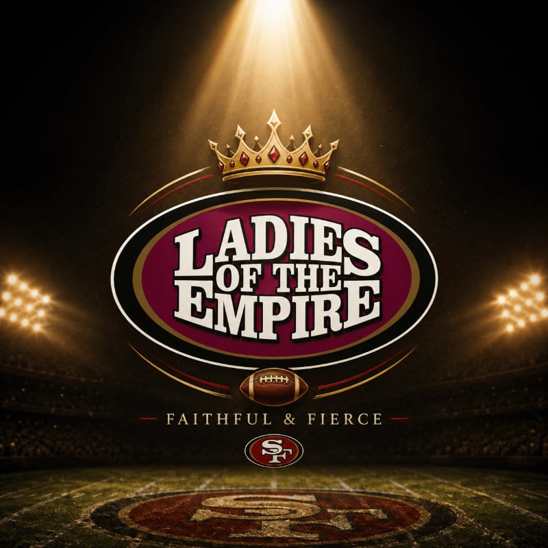 A football field with stadium lights in the background is illuminated by spotlights shining down on a logo that reads "LADIES OF THE EMPIRE" with a crown and football.