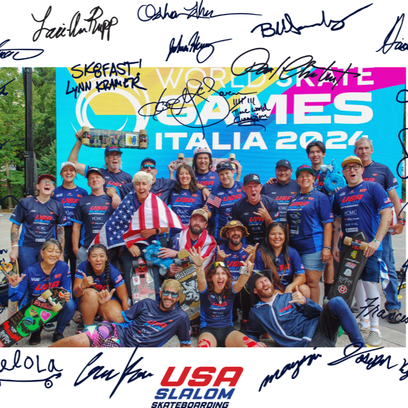 A group of skateboarders in USA team gear pose for a photo in front of a "World Skate Games Italia 2024" banner, with signatures from various individuals adorning the top of the image.