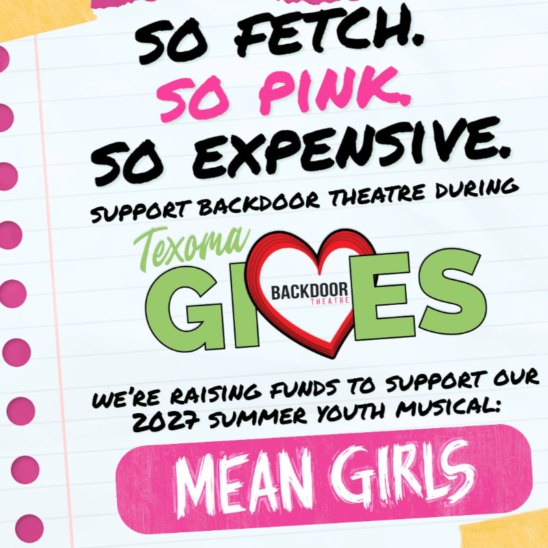 In the foreground, bold pink and green text announces a fundraiser for the "Mean Girls" musical, while the background features a notebook-like design with pink dots and yellow tape.