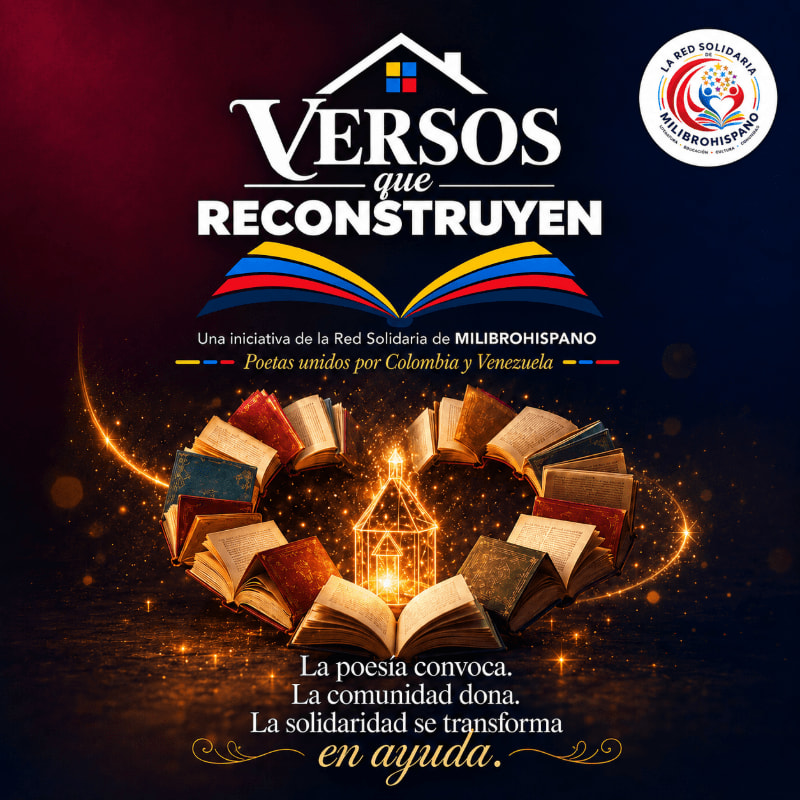 A heart shape formed by open books with a lantern in the center sits against a dark background with the title "Versos que Reconstruyen" above.