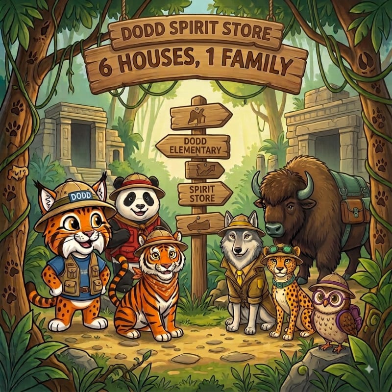 A group of anthropomorphic animals in safari gear stand in a jungle clearing with ancient ruins in the background.