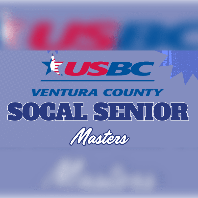 In the foreground, bold white text announces "VENTURA COUNTY SOCAL SENIOR Masters" beneath the USBC logo, while the background features a soft blue gradient with subtle starburst patterns.