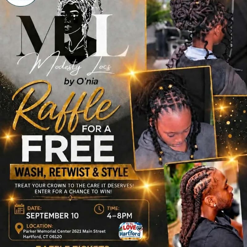 A flyer advertises a free wash, retwist, and style raffle with images of people with locs in the foreground and event details in the background.