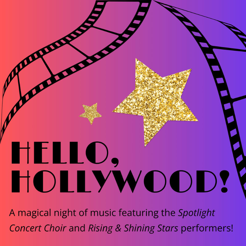 Film strips frame a gradient background with glittery stars and text announcing "HELLO, HOLLYWOOD!"