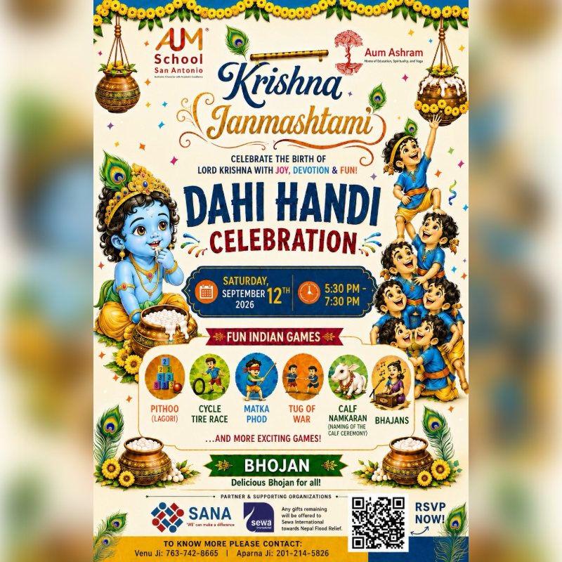A vibrant poster for a Krishna Janmashtami Dahi Handi celebration features a cartoon Krishna in the foreground and a group of children celebrating in the background, all set against a festive, decorated backdrop.