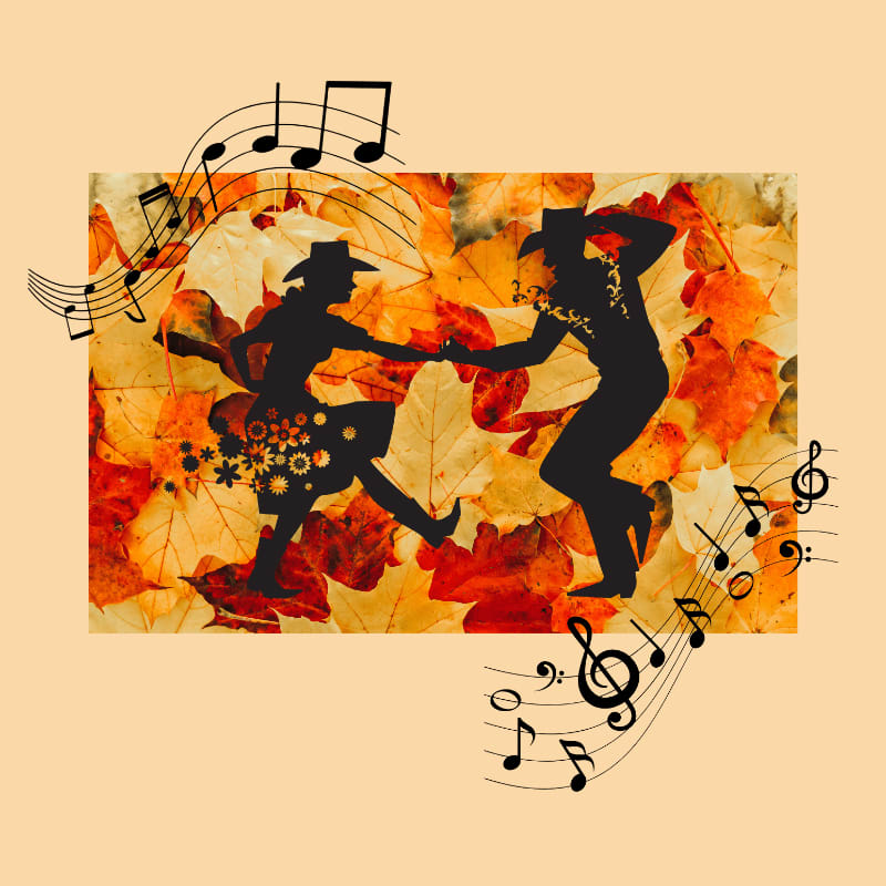 Silhouetted figures of a dancing couple are superimposed over a background of autumn leaves, with musical notes swirling around them.