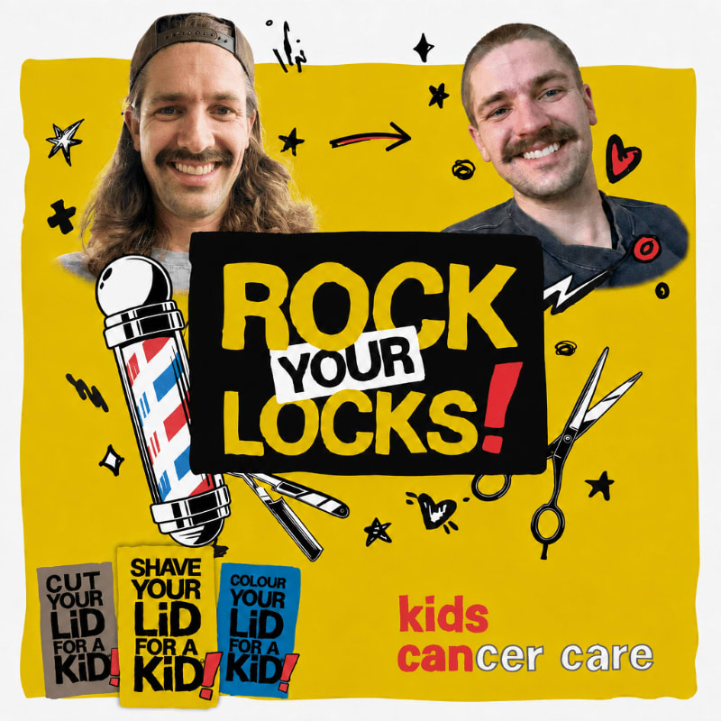 Two smiling men with mustaches are featured in the foreground with a "ROCK YOUR LOCKS!" logo, barber pole, scissors, and three small cards, all set against a bright yellow background with playful drawings.