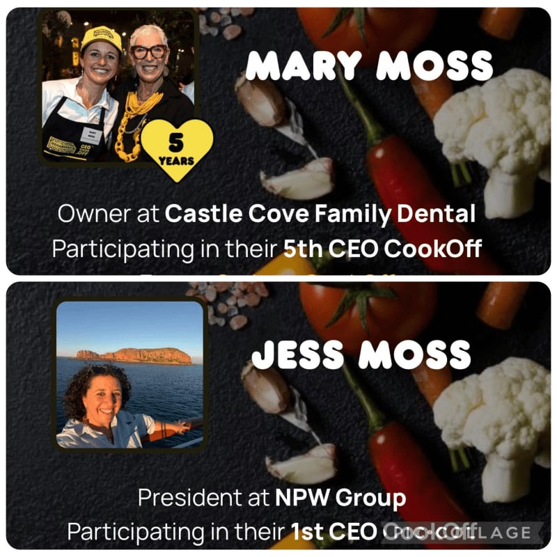Two women, Mary Moss and Jess Moss, are featured in separate panels with their professional titles and participation in a CEO CookOff, set against a backdrop of fresh vegetables.