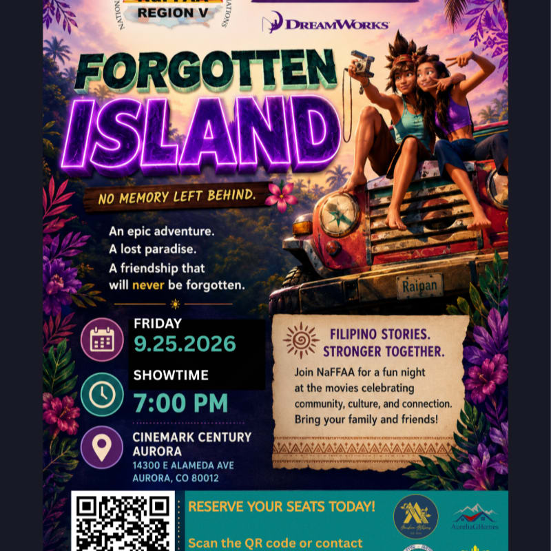 Two young women with vibrant hair smile and pose on a rustic vehicle against a lush, tropical jungle background, advertising a movie event.