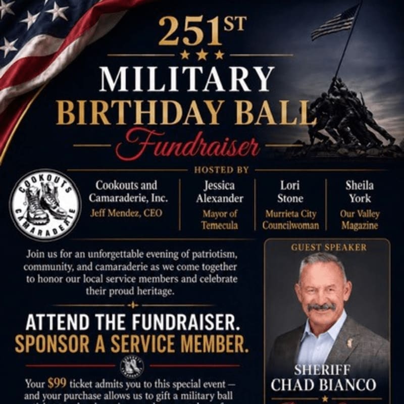 A patriotic poster for a military birthday ball fundraiser features a large American flag in the foreground and a historical image of soldiers raising a flag in the background.