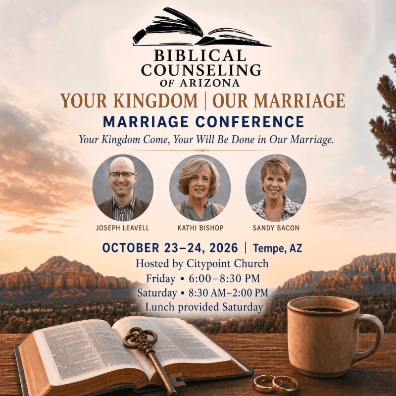 An open Bible with a key and wedding rings rests on a wooden surface in the foreground, while a desert landscape with mountains and a sunset forms the background for a marriage conference advertisement.