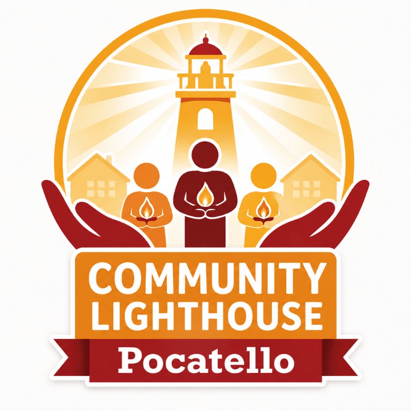 Three stylized figures holding candles stand in front of a lighthouse and houses, all framed by cupped hands and a banner reading "COMMUNITY LIGHTHOUSE Pocatello."