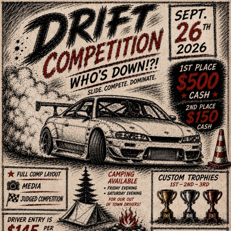 A stylized illustration advertises a drift competition with a car kicking up smoke in the foreground and event details like date, prizes, and camping information in the background.