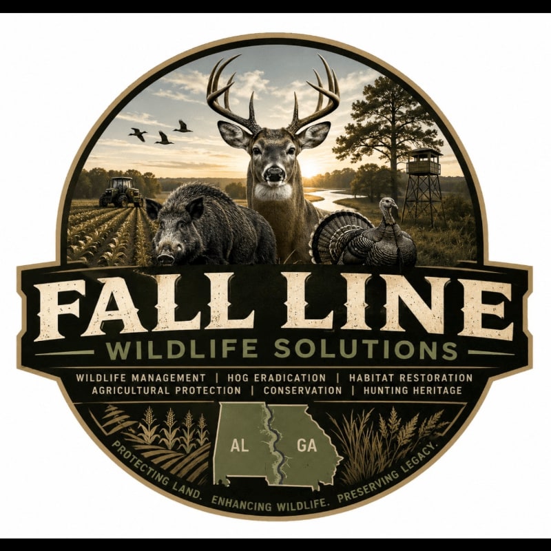 A majestic deer, a wild boar, and a turkey stand prominently in the foreground against a backdrop of a farm field, a tractor, a hunting stand, and a serene river at sunset.
