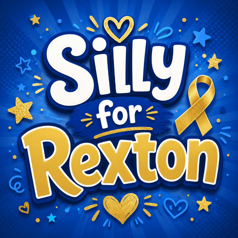 Large, stylized white and gold text reading "Silly for Rexton" with golden hearts and stars is set against a vibrant blue background with a subtle polka dot pattern and radiating light rays.