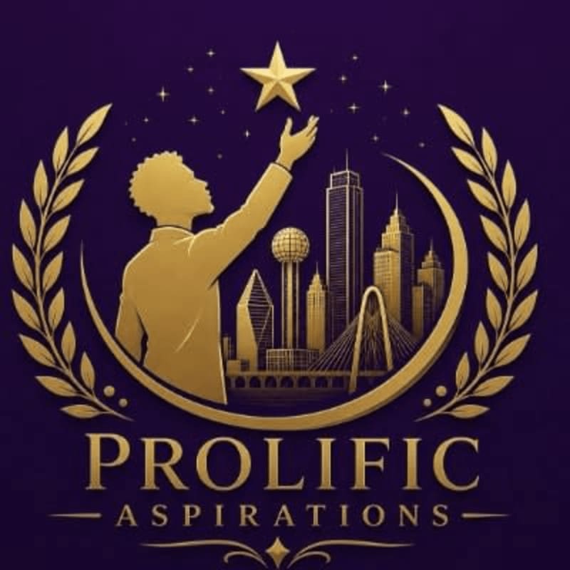 A golden silhouette of a person reaching for a star is framed by laurel leaves, with a city skyline in the background, all set against a deep purple background with the words "PROLIFIC ASPIRATIONS" below.