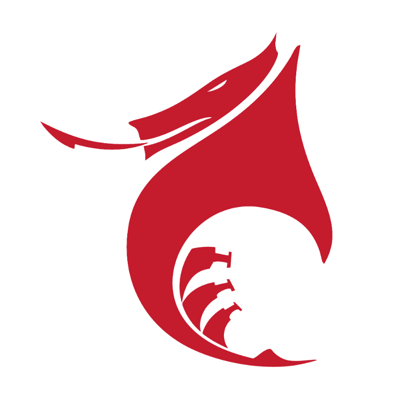 A stylized red dragon with three Viking ships sailing beneath it is set against a white background.