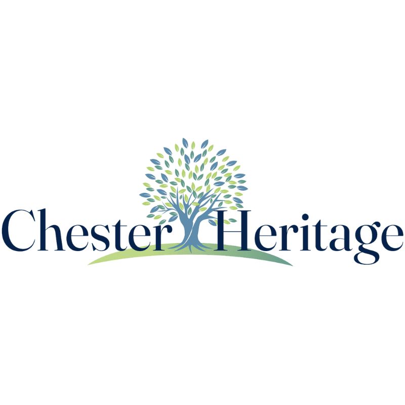 A stylized tree with green and blue leaves stands on a green hill in the foreground, with the words "Chester Heritage" in dark blue text behind it against a white background.