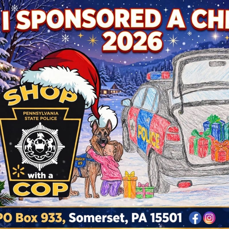 A young girl hugs a police K9 in front of a police car filled with presents, with a snowy, festive background and holiday-themed text.
