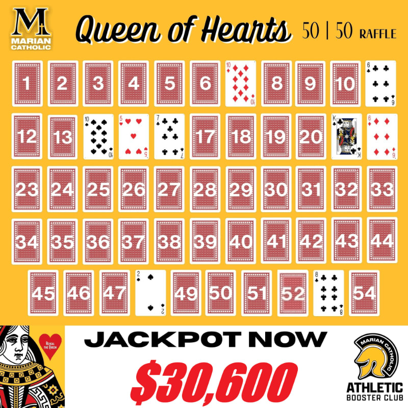 A "Queen of Hearts" 50/50 raffle poster features a grid of numbered playing cards in the foreground against a yellow background with raffle details and a jackpot amount.