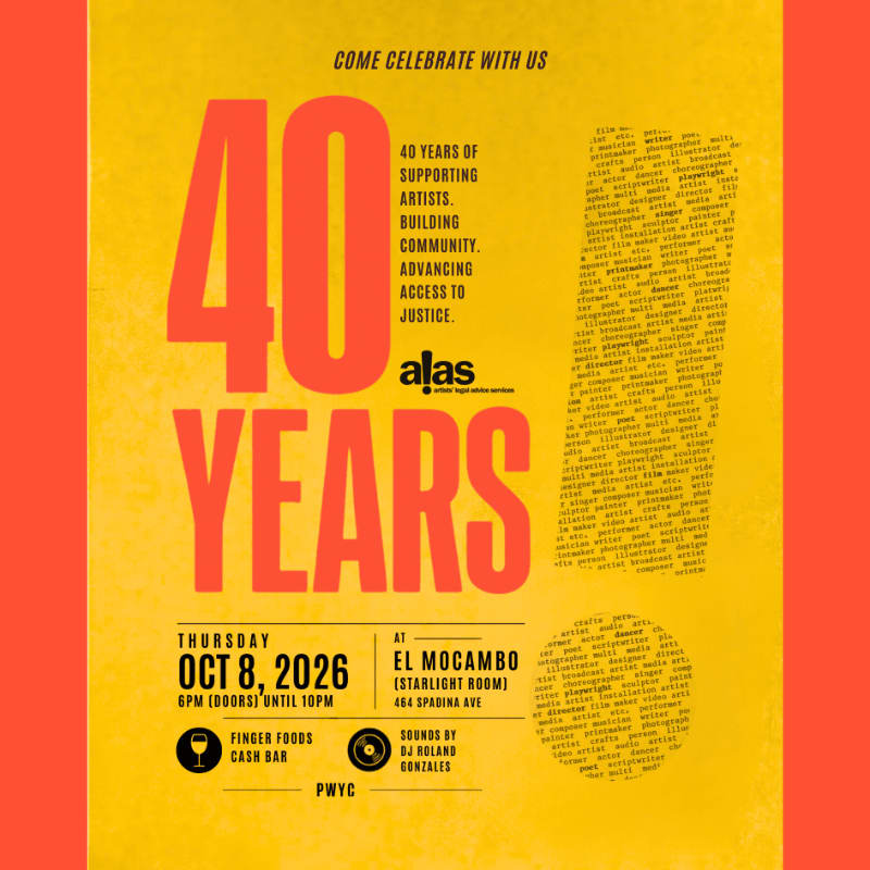 A vibrant orange poster announces "40 YEARS" of supporting artists, building community, and advancing justice, with event details for October 8, 2026, at El Mocambo in the foreground against a textured yellow background.