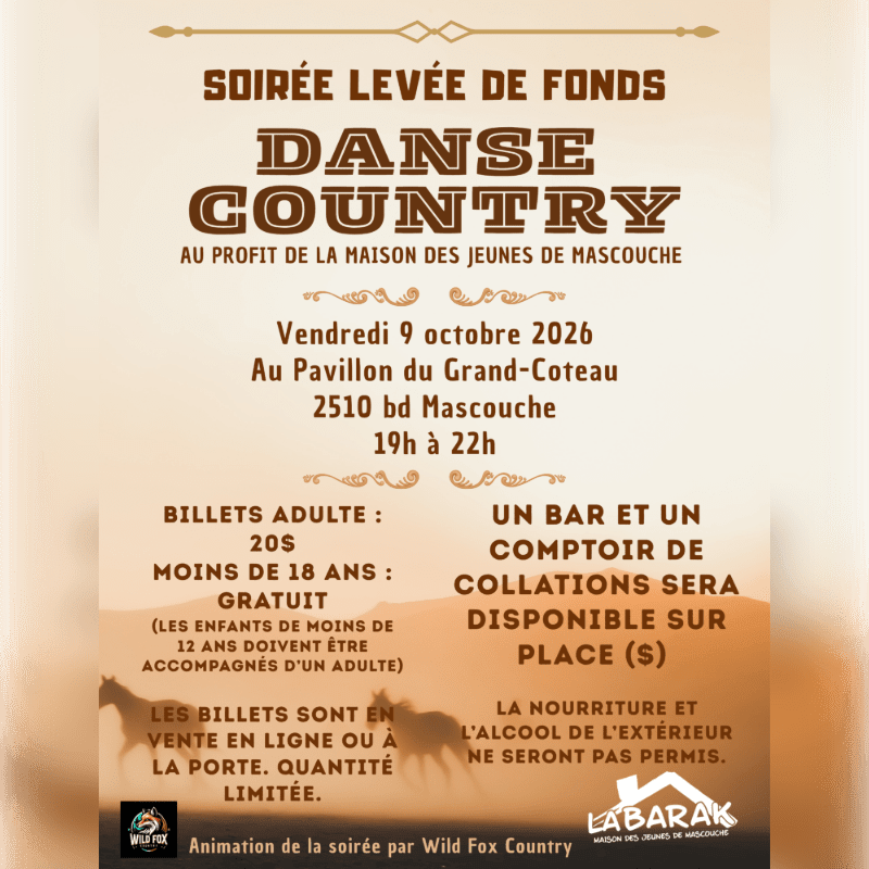 A country dance fundraiser poster with silhouetted horses in the foreground and event details in the background.