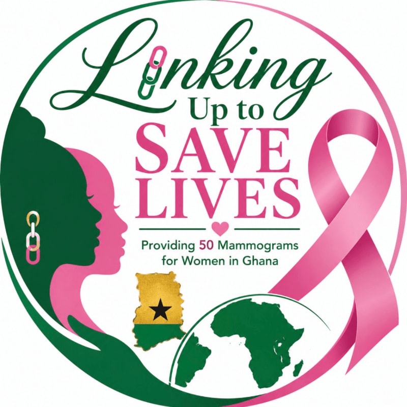 A circular logo features a silhouette of two women in the foreground, with a map of Ghana and Africa, and a pink ribbon in the background, all promoting breast cancer awareness.