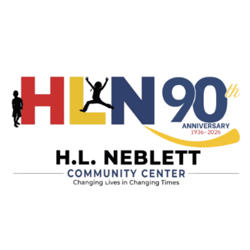 Colorful letters spelling "HLN 90th Anniversary" with silhouettes of children in the foreground and the H.L. Neblett Community Center name below, all on a white background.