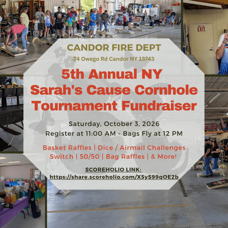 People are playing cornhole in a large building with a banner in the center advertising the "5th Annual NY Sarah's Cause Cornhole Tournament Fundraiser" hosted by Candor Fire Dept.