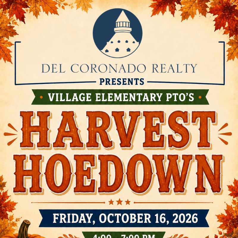 Autumn leaves frame a rustic "Harvest Hoedown" announcement for Village Elementary PTO, presented by Del Coronado Realty, with a lighthouse logo at the top and pumpkins in the lower foreground.