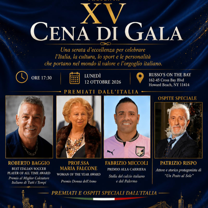 Four distinguished Italian figures are featured in the foreground against a backdrop of elegant text and decorative elements for a gala dinner.