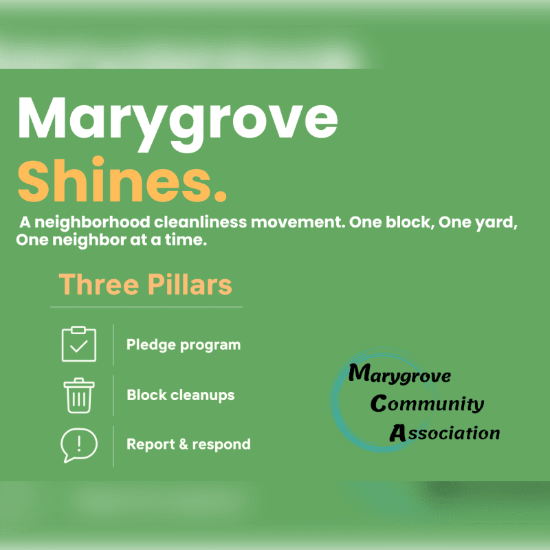 White text on a green background announces "Marygrove Shines," a neighborhood cleanliness movement with three pillars, while the Marygrove Community Association logo is in the background.