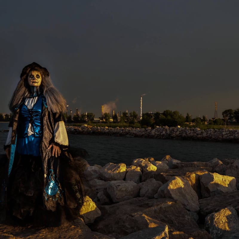 A person in a spooky costume stands on a rocky shore with an industrial landscape in the background under a dark sky.